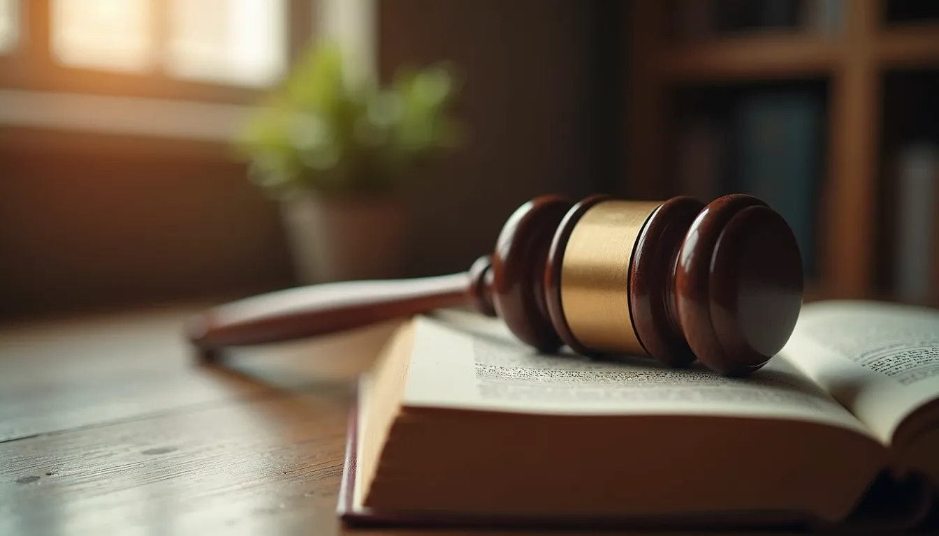 Eye-level view of a gavel on a legal book