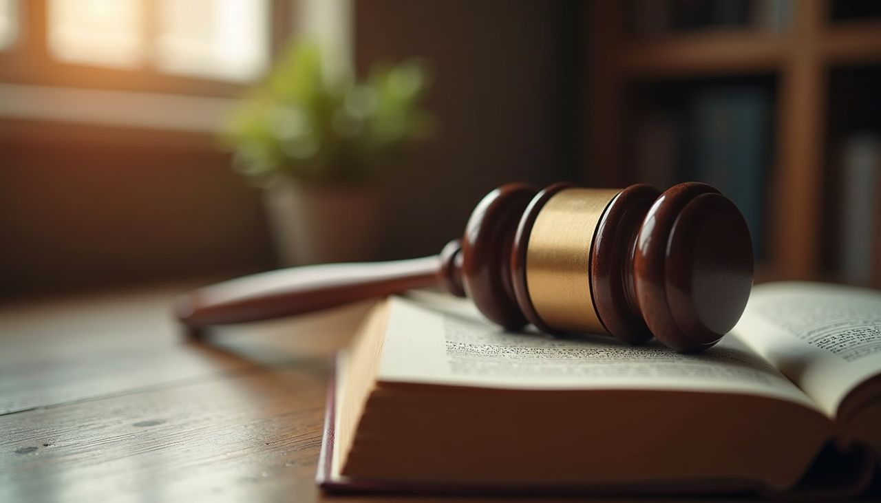 Eye-level view of a gavel on a legal book