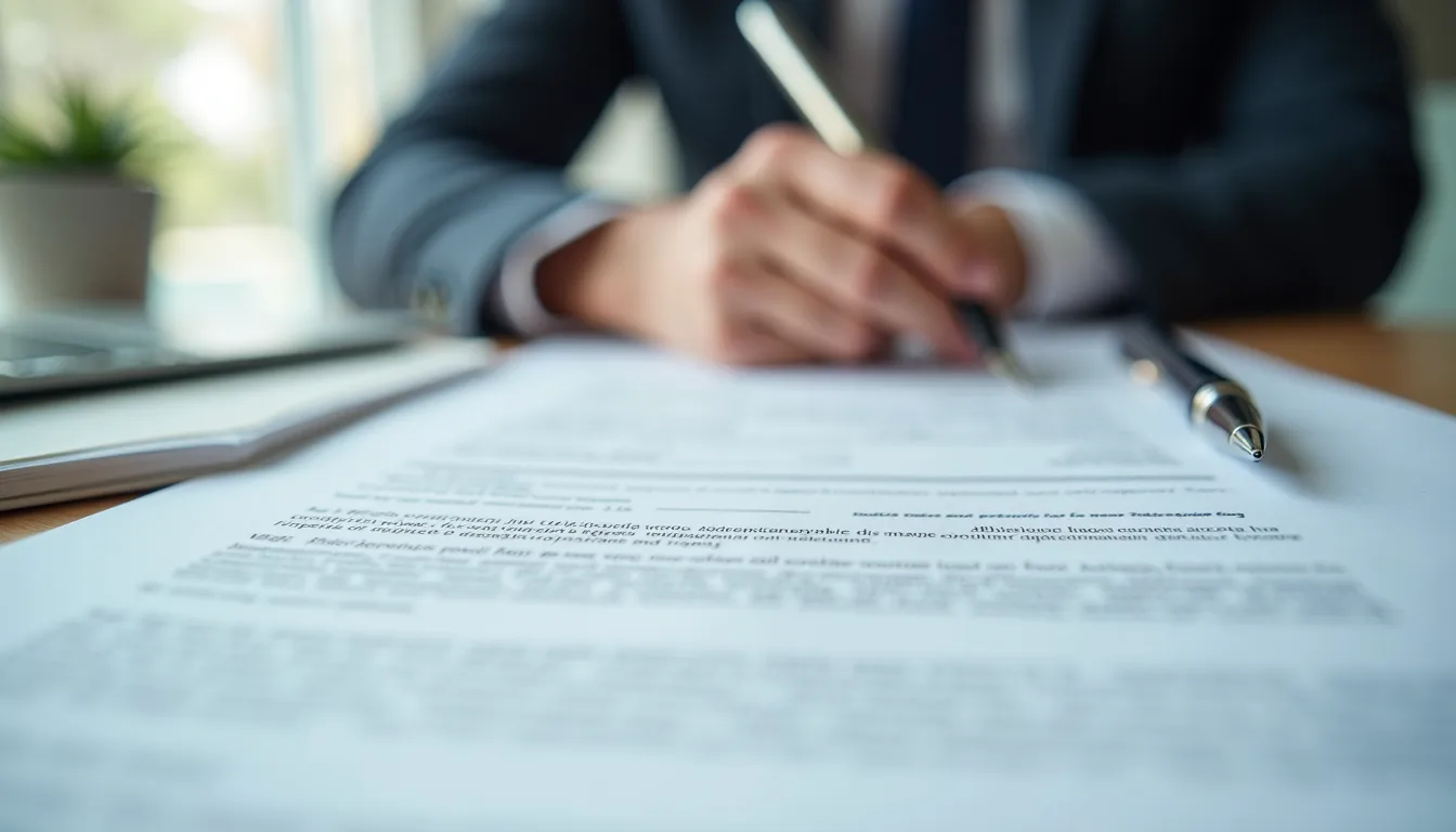 Eye-level view of a legal document with a pen