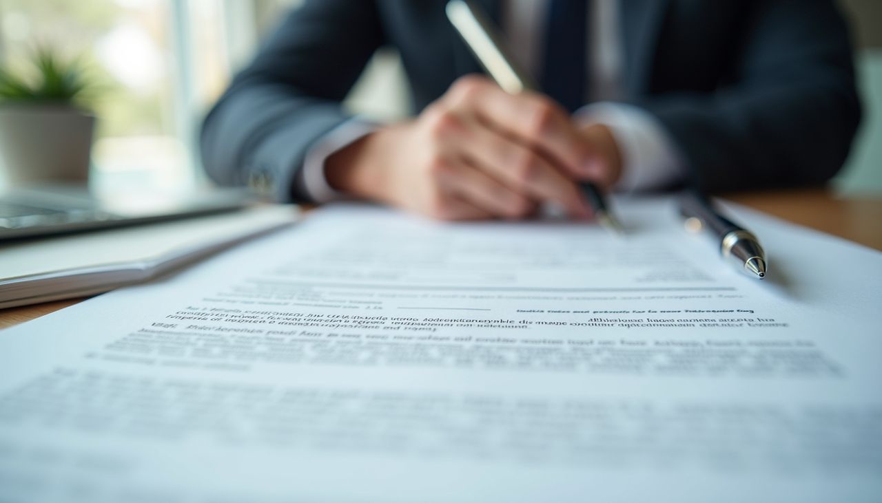 Eye-level view of a legal document with a pen